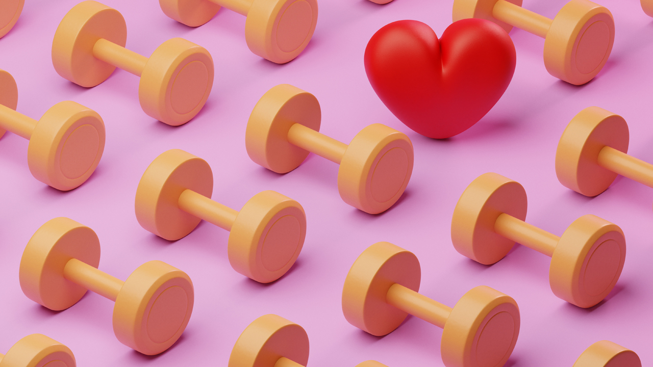 Conceptual image of a grid pattern of yellow dumbbells with a single red heart in between.