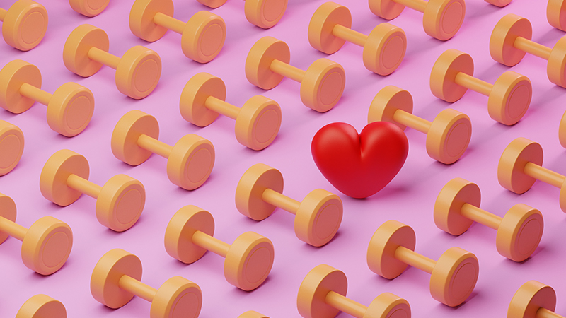 Conceptual image of a grid pattern of yellow dumbbells with a single red heart in between.