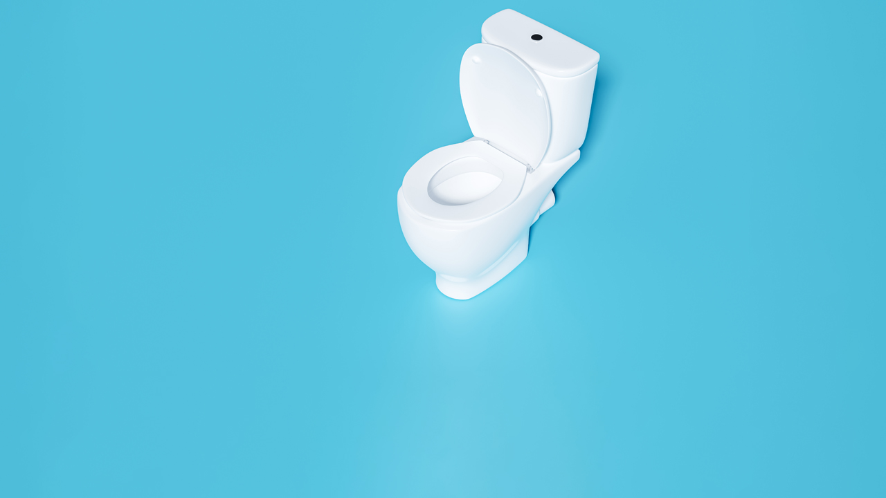 Illustration of white toilet on bright blue background.