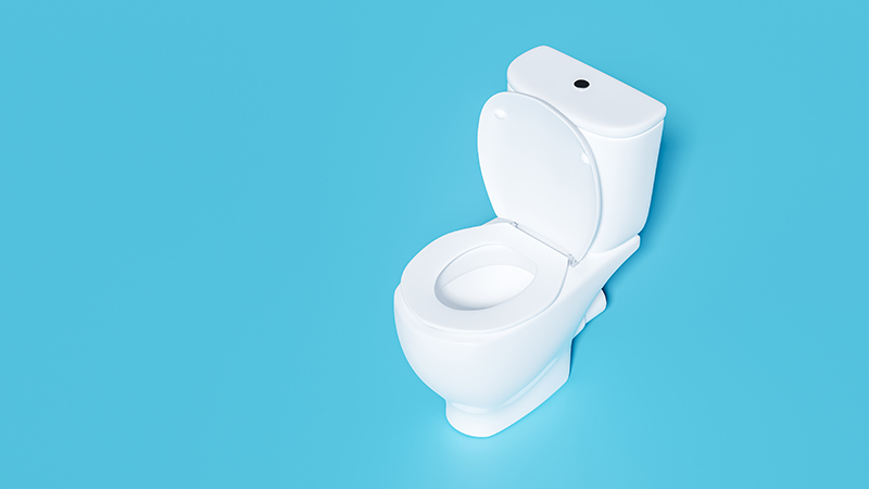 Illustration of white toilet on bright blue backgrond.