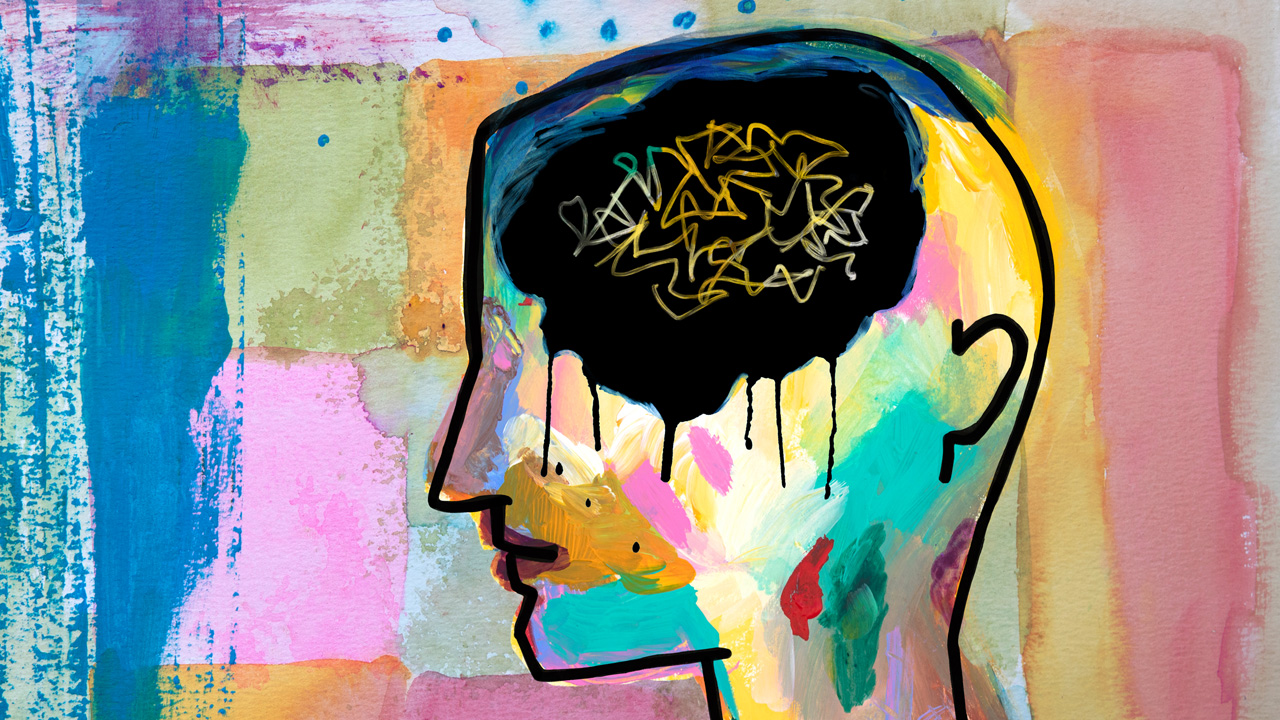 Mental health concept - person's head with chaotic thought pattern, depression, sadness, anxiety. Mixed media painting. 