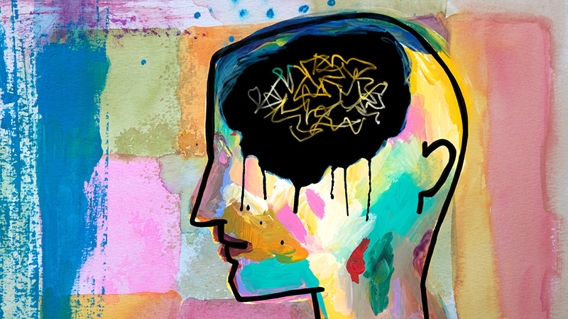 Mental health concept - person's head with chaotic thought pattern, depression, sadness, anxiety. Mixed media painting. 