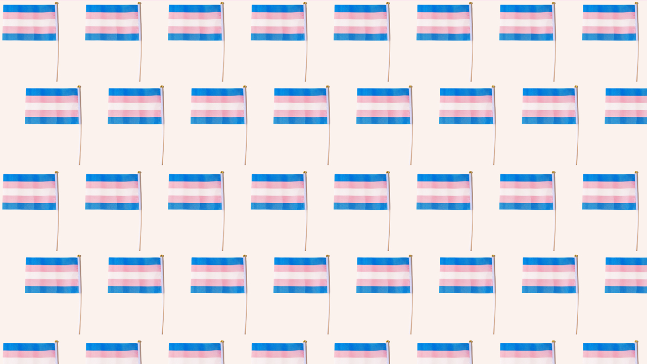 Pattern of pink, blue and white trans flags on a light tan background.