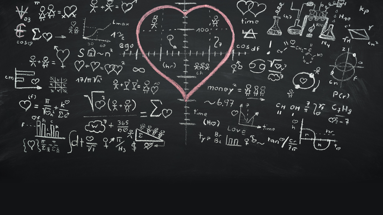 A formula of love on a chalkboard with a pink heart in the middle of the equation.