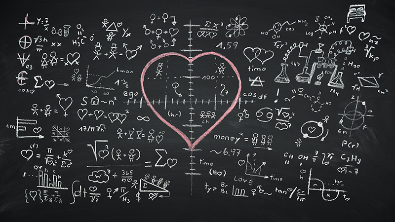 A formula of love on a chalkboard with a pink heart in the middle of the equation.