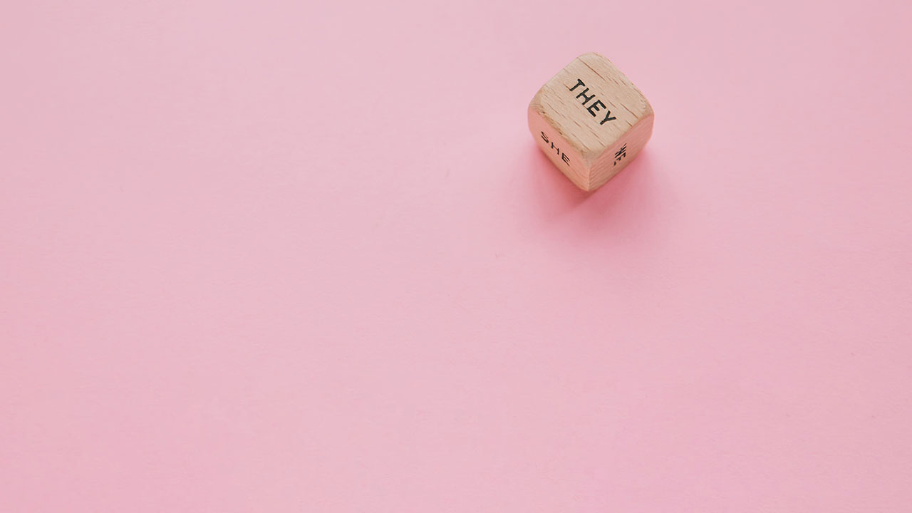 Dice with "they," "she" and "he" written on different sides on a pink background.