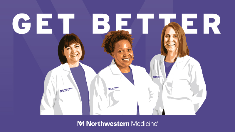 Podcast art with words Get Better, illustration of hosts Michelle Prickett, MD, Khalilah Gates, MD, and Susan Russell, MD; Northwestern Medicine logo