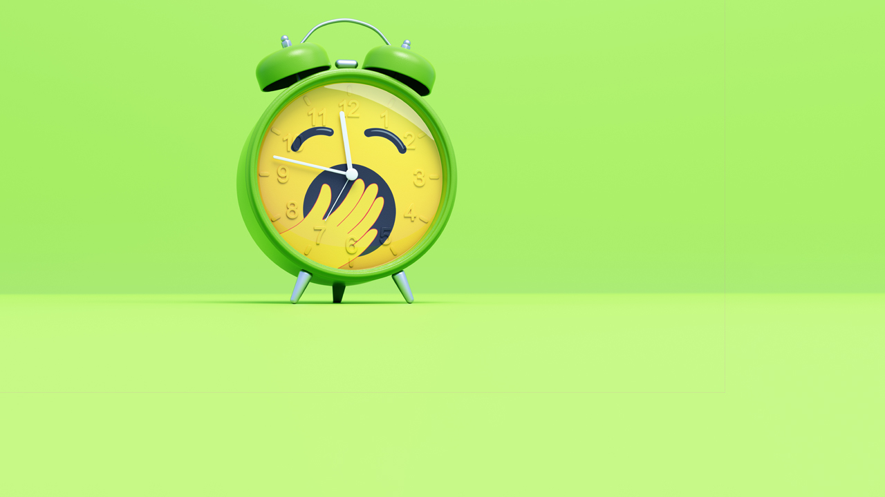 Realistic illustration of an alarm clock yawning.