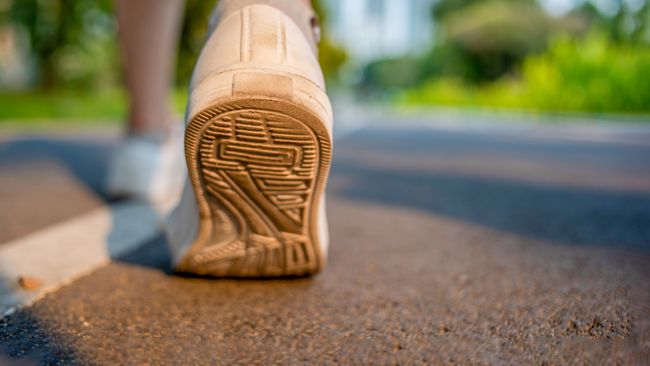 Bottom of a foot walking on a road.