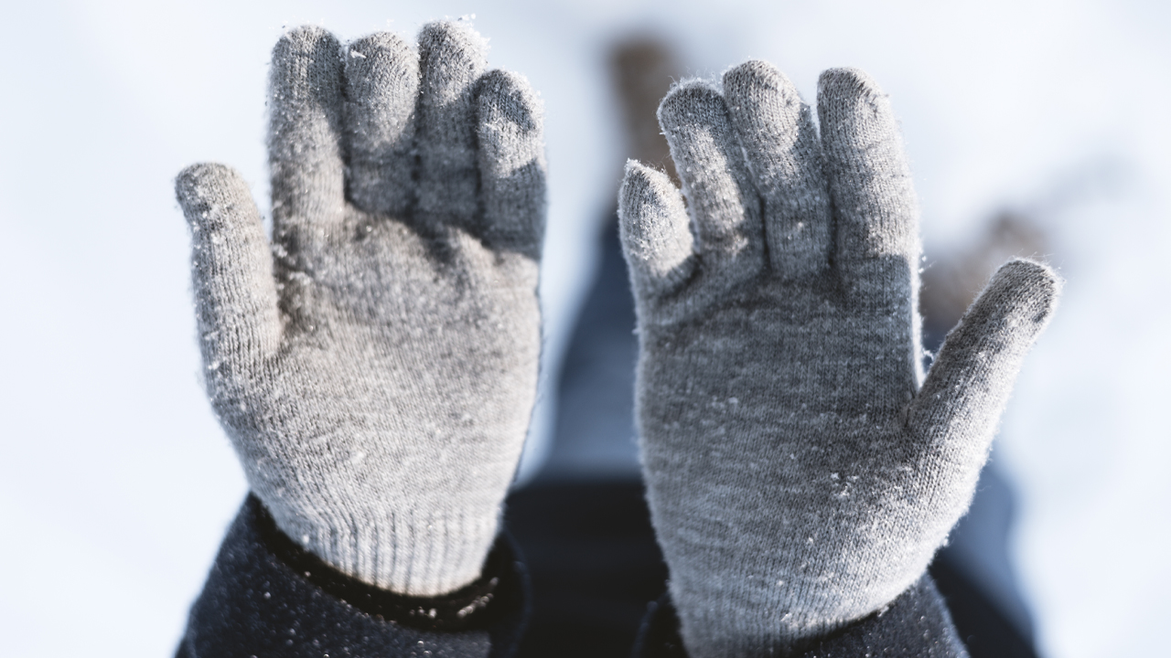 Gloved hands held out palms up on a snow day.