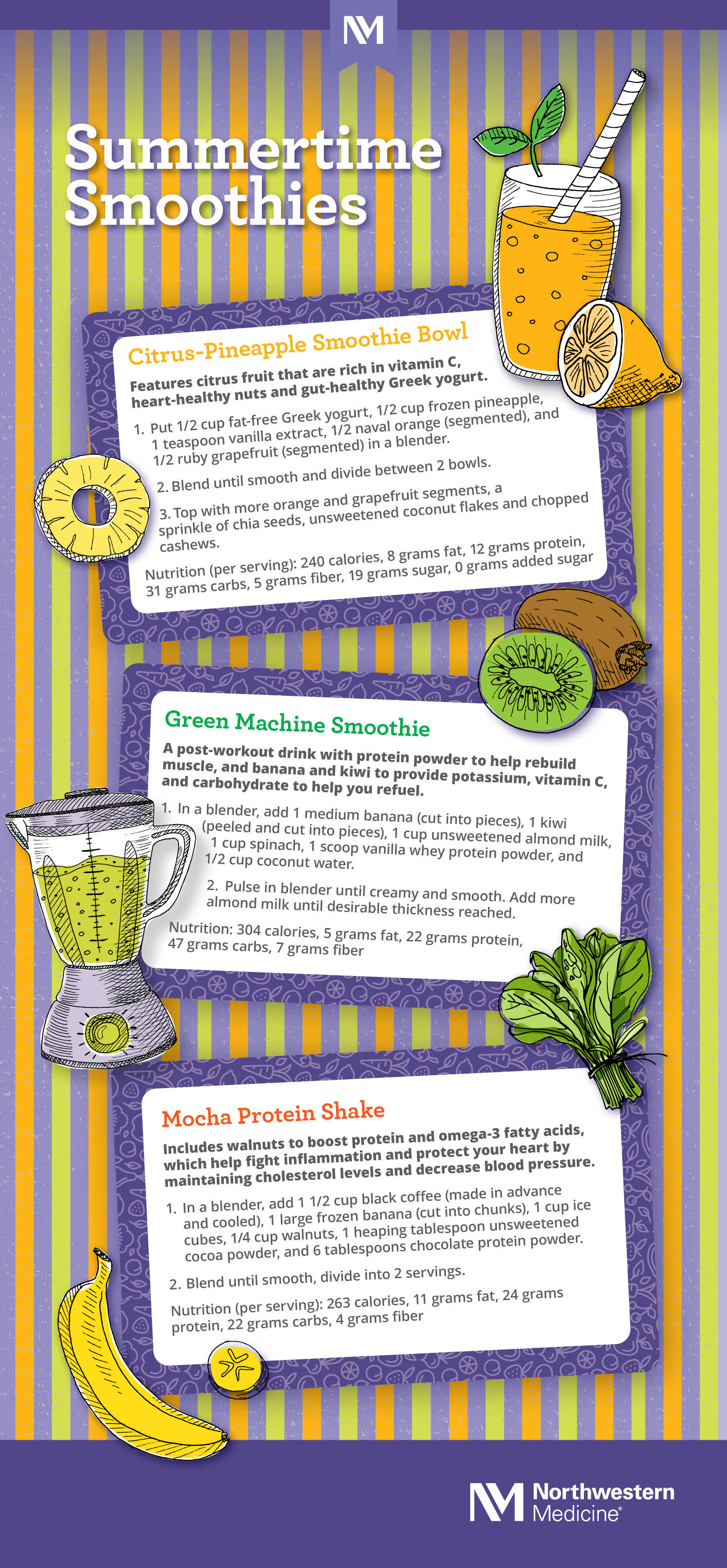 Graphic with the headline, "Summertime Smoothies" and three boxes with recipes for Citrus-Pineapple Smoothie Bowl, Green Machine Smoothie, and Mocha Protein Shake, on a purple, orange and green striped background with illustrations of drinks, a blender and fruit.