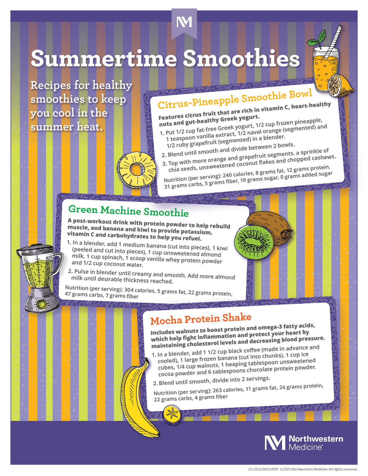 Graphic with the headline, "Summertime Smoothies" and three boxes with recipes for Citrus-Pineapple Smoothie Bowl, Green Machine Smoothie, and Mocha Protein Shake, on a purple, orange and green striped background with illustrations of drinks, a blender and fruit.