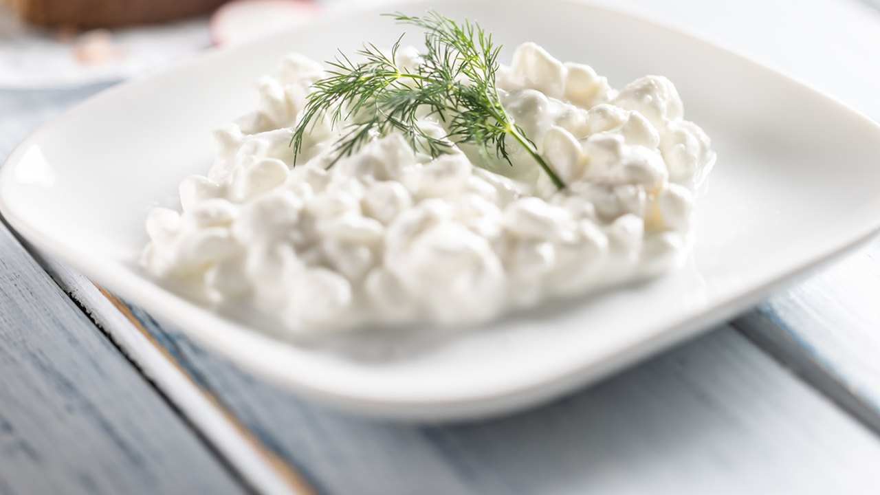 Cottage cheese on a plate with a sprig of dill.
