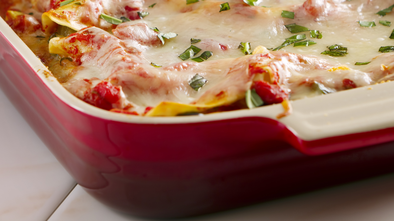 A pan of vegetable lasagna.