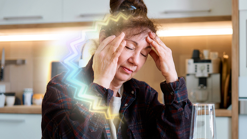 A person with brown hair and their eyes closed sits at a kitchen table with hands on their head, representing an ocular migraine. There is a colorful zigzagging pattern in the image, often seen with an ocular migraine.
