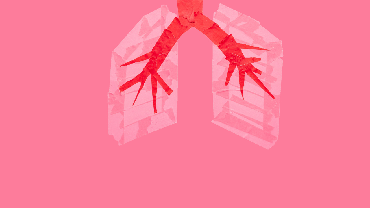 Rendering of human lungs made with pink adhesive tape.