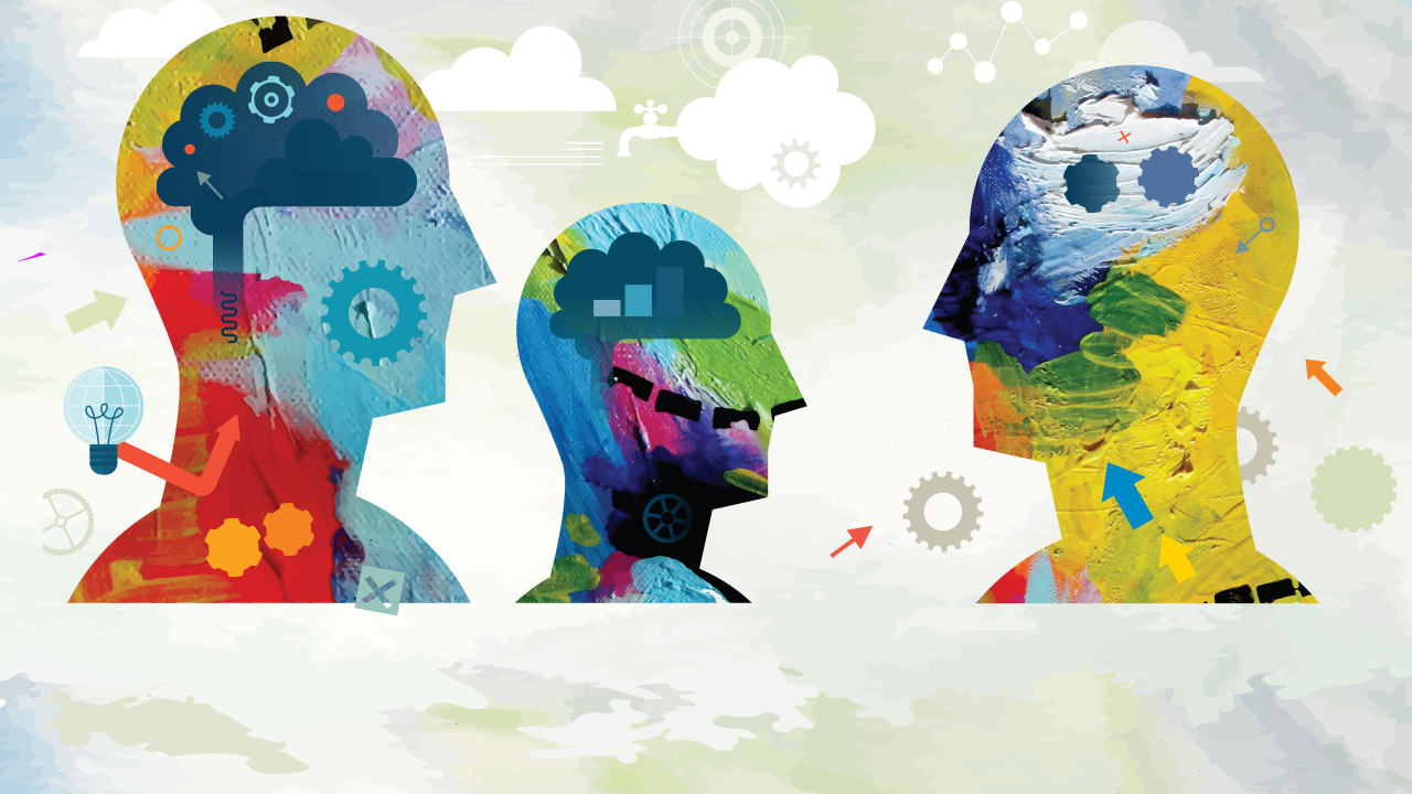 Painterly illustration of three multi-colored silhouettes with different ways of processing information depicted in them.