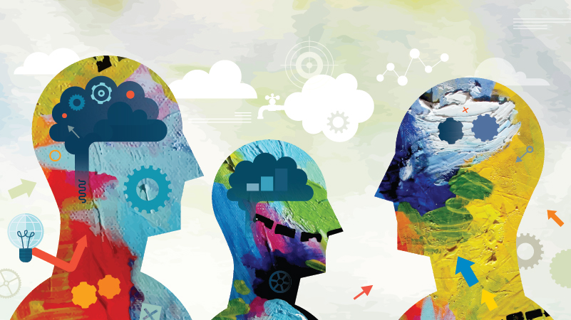 Painterly illustration of three multi-colored silhouettes with different ways of processing information depicted in them.