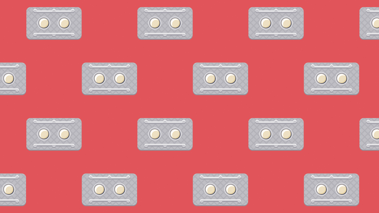 Illustration of a two-pill blister pack in a pattern on a red background.