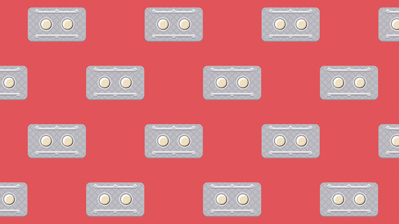 Illustration of a two-pill blister pack in a pattern on a red background.