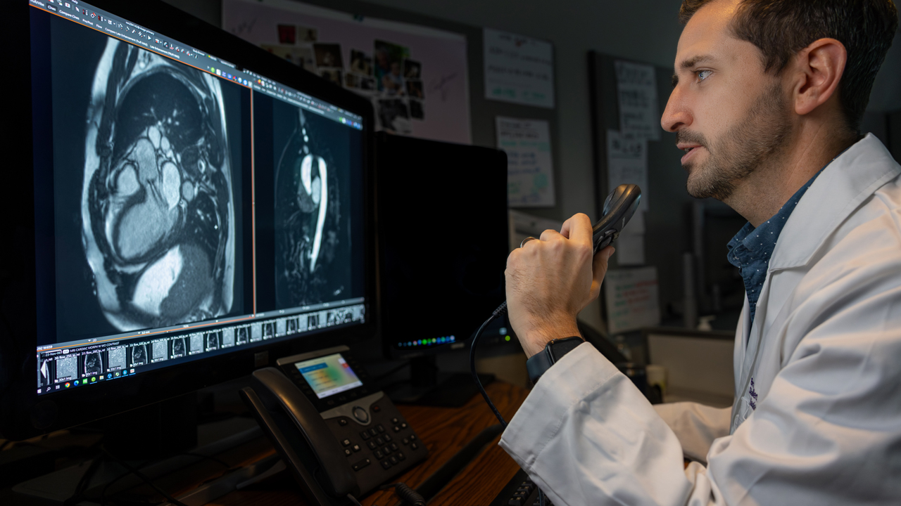 Physician wearing a white coat looking at heart scan images on a computer screen.