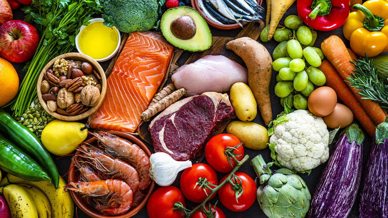 Overhead view of an assortment of colorful foods.