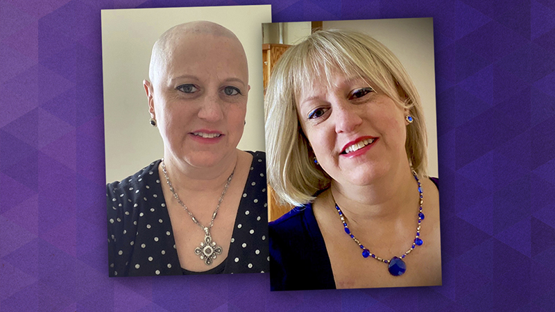 Before-and-after photos of Sally Grippo. She is pictured on the left without hair, wearing a black blouse with white polka dots and a silver necklace. On the right she has blond hair, a black blouse and blue necklace. 