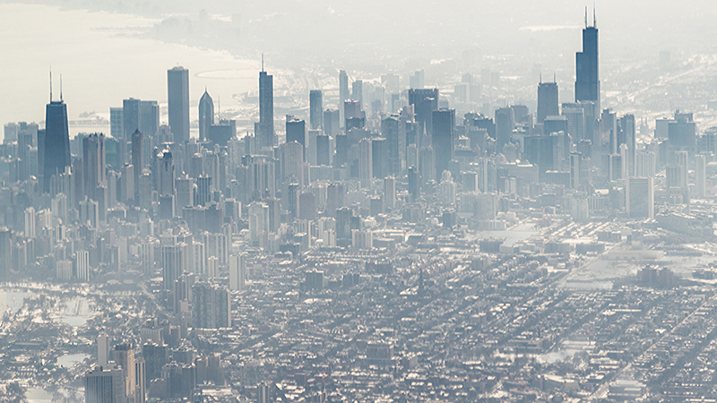 Hazy view of the Chicago skyline.