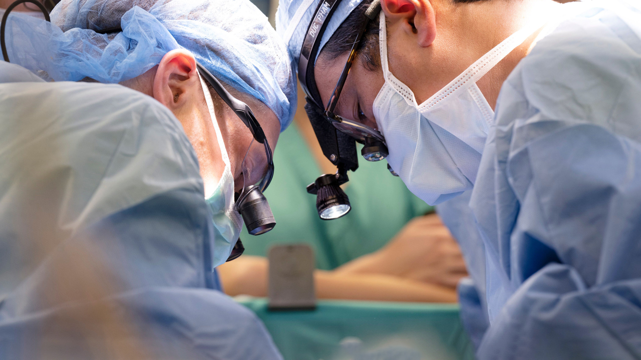Benjamin S. Bryner, MD, and Duc Thinh Pham, MD, perform a transplant using a heart donated after circulatory death (DCD).
