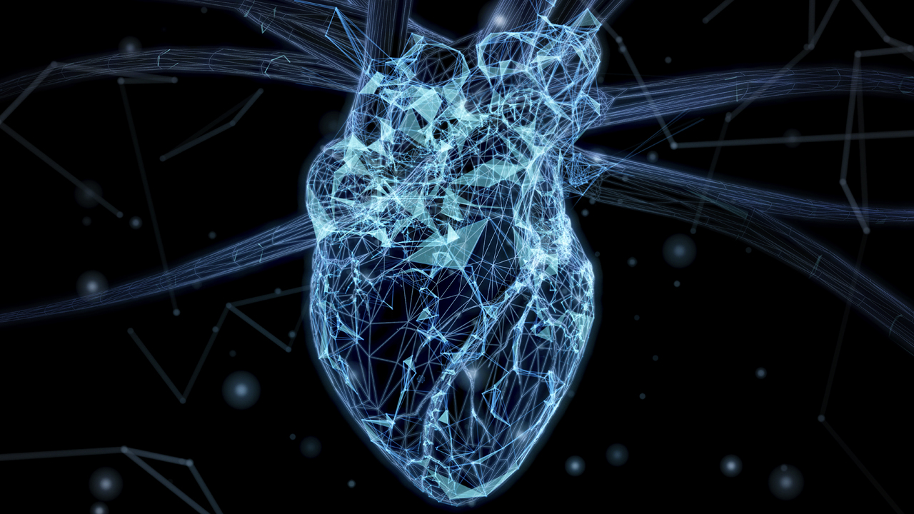 Illustration of a heart that looks like a light blue constellation on black space background.