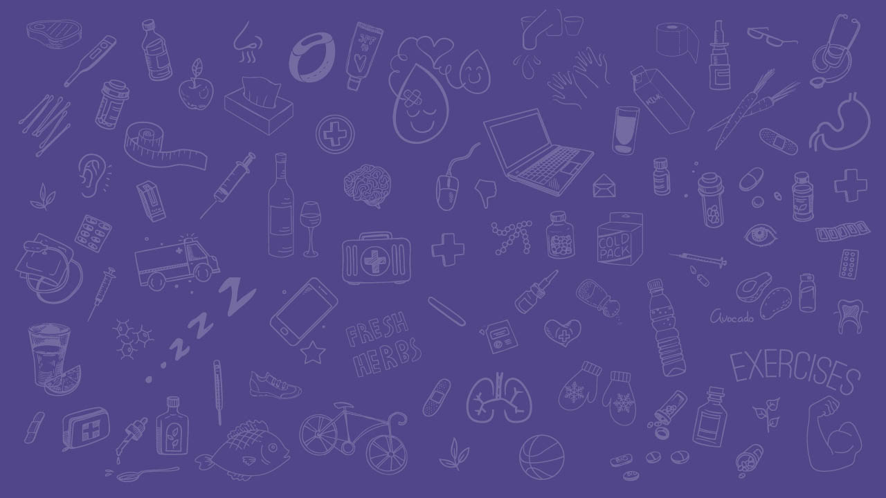 A purple background is filled with light purple illustrated medical imagery, including brains, syringes, first aid kits, pill bottles, bandages, thermometers and more.