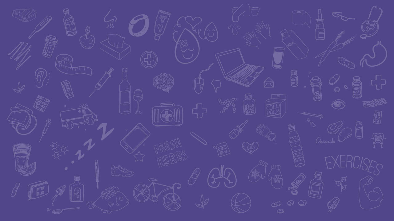 A purple background is filled with light purple illustrated medical imagery, including brains, syringes, first aid kits, pill bottles, bandages, thermometers and more.