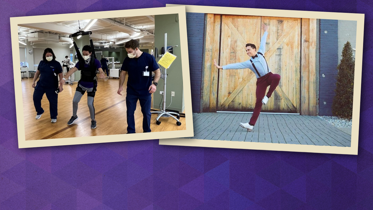 Mauricio Fernandez, a professional ballet and tap dancer, smiles while dancing in front of a wooden door. 