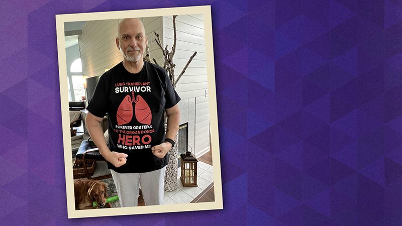 Dan Spees wears a “lung transplant survivor” shirt after his double-lung transplant at Northwestern Memorial Hospital. 