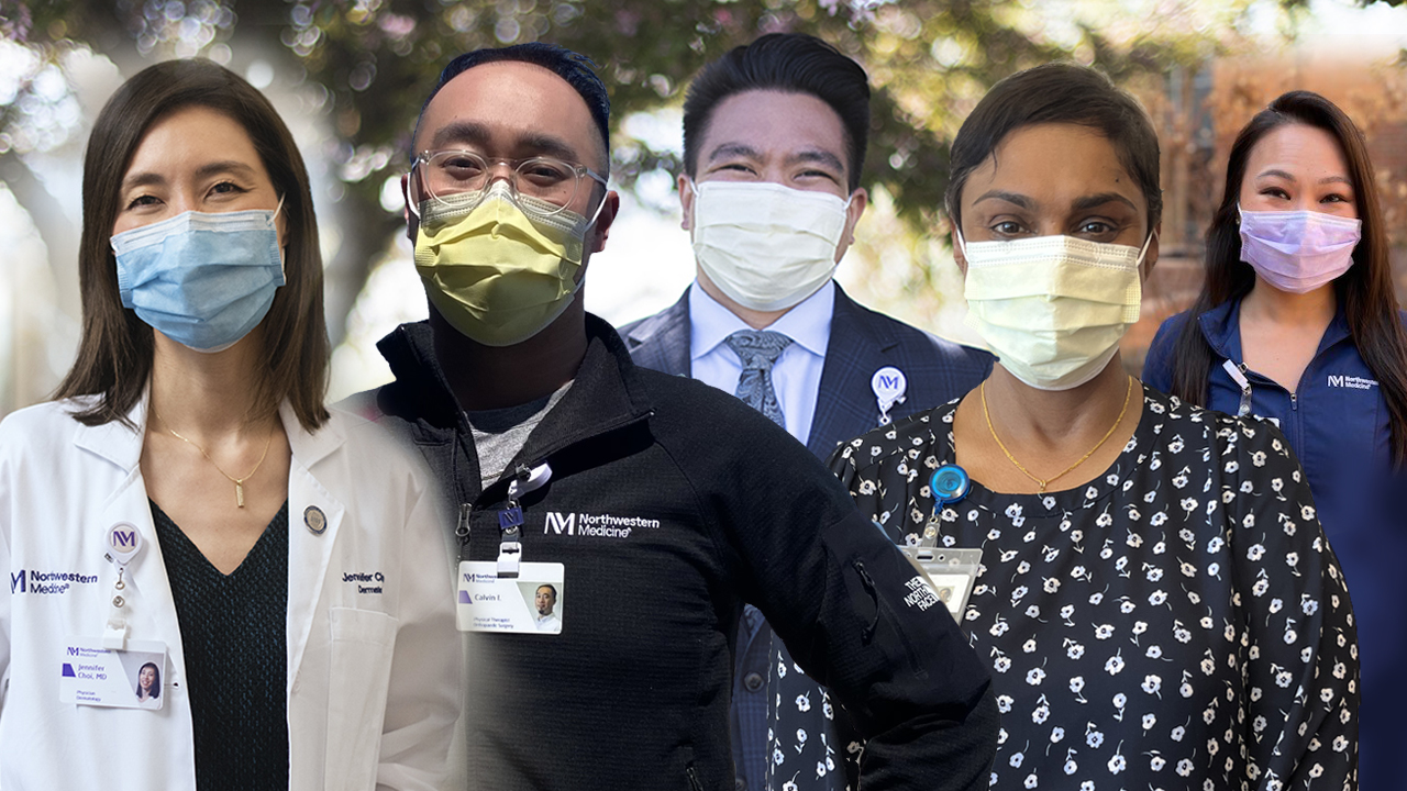 Five Northwestern Medicine employees who are of Asian American and Pacific Islander descent, wearing face masks and smiling.