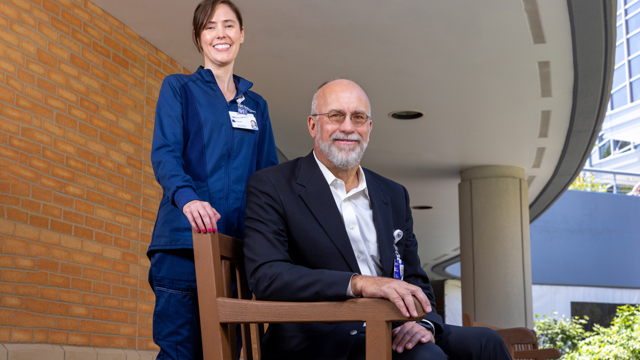 Eric Werner, MD, outside Northwestern Medicine Marianjoy Rehabilitation Hospital with Amy Nourie, MA, CCC-SLP, speech-language pathologist.