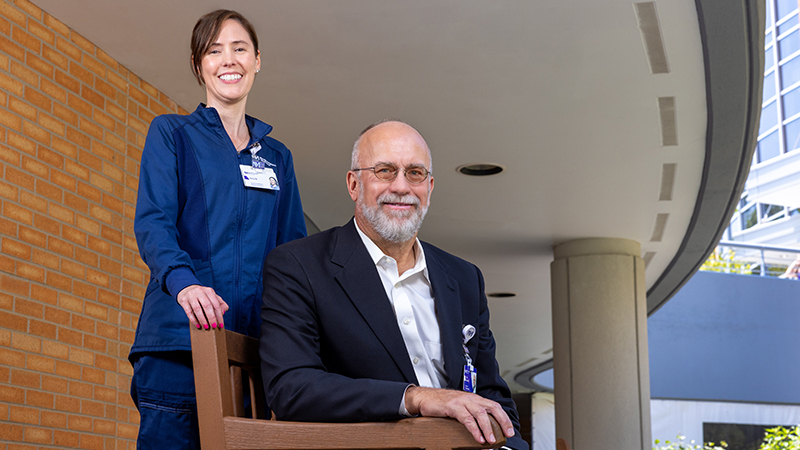 Eric Werner, MD, outside Northwestern Medicine Marianjoy Rehabilitation Hospital with Amy Nourie, MA, CCC-SLP, speech-language pathologist.