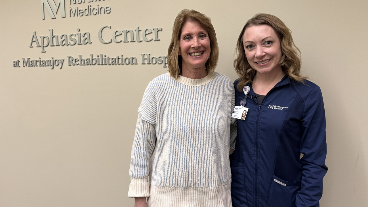 Linda Budziak and Michelle Armour, MS, CCC-SLP, at the Northwestern Medicine Aphasia Center at Marianjoy Rehabilitation Hospital.