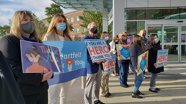 Supporters cheers on Delnor Hospital staff at the 2021 Barth Award presentation.