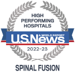U.S. News and World Report High Performing Hospitals badge recognizing Delnor Hospital in Spinal Fusion