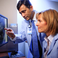 Physicians studying an image for second opinion.