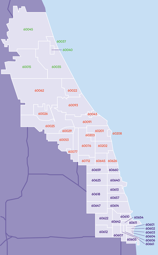 Map of Chicago-area ZIP codes along Lake Michigan, color-coded into three groups (green, red, and purple) to show geographic distribution across northern, central, and southern areas.