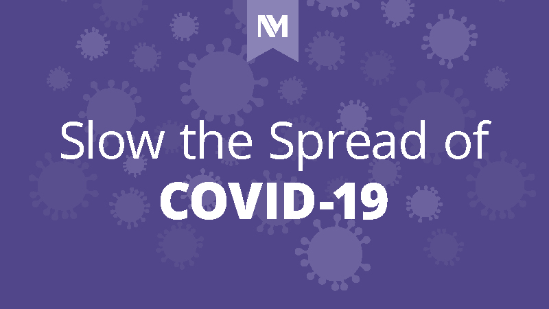 Purple image with the words "slow the spread of COVID-19" 