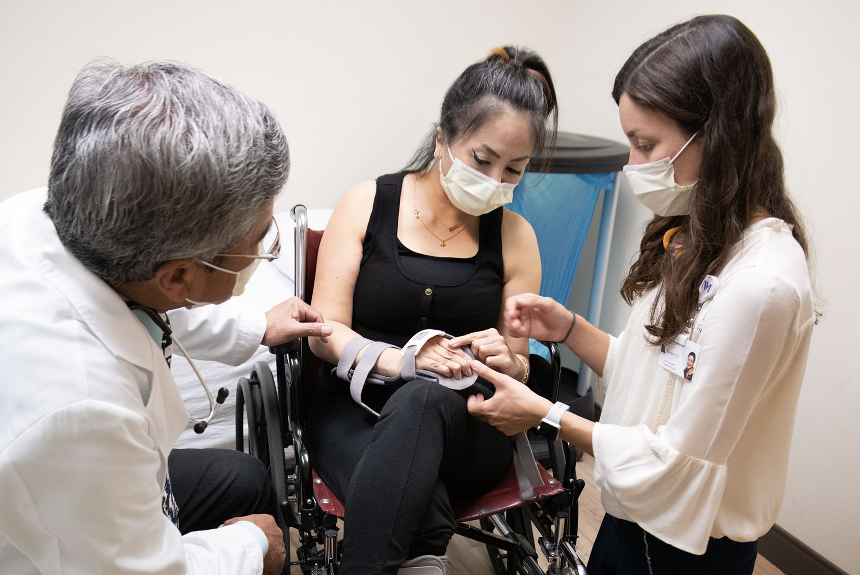 Patient being fitted with a prosthetic.