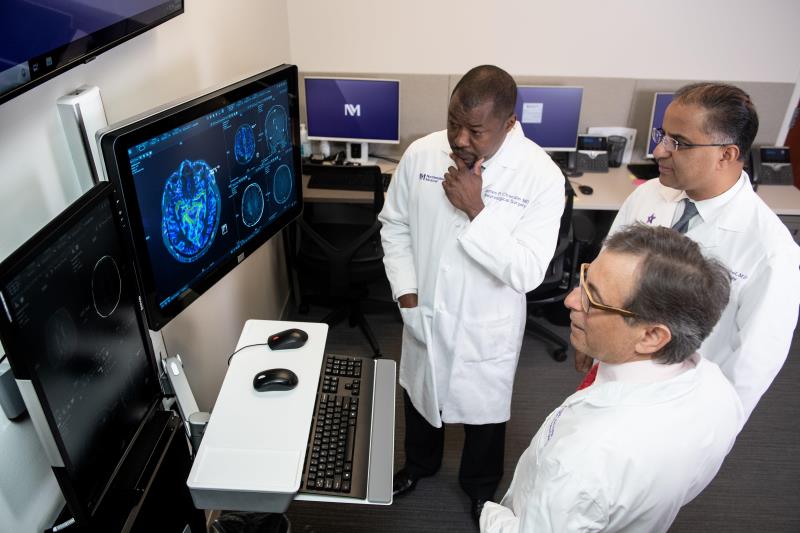 Physicians looking at an image of a brain on a computer