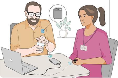 Patient uses a handheld device connected to a chest-mounted vagus nerve stimulation sensor while a clinician observes.