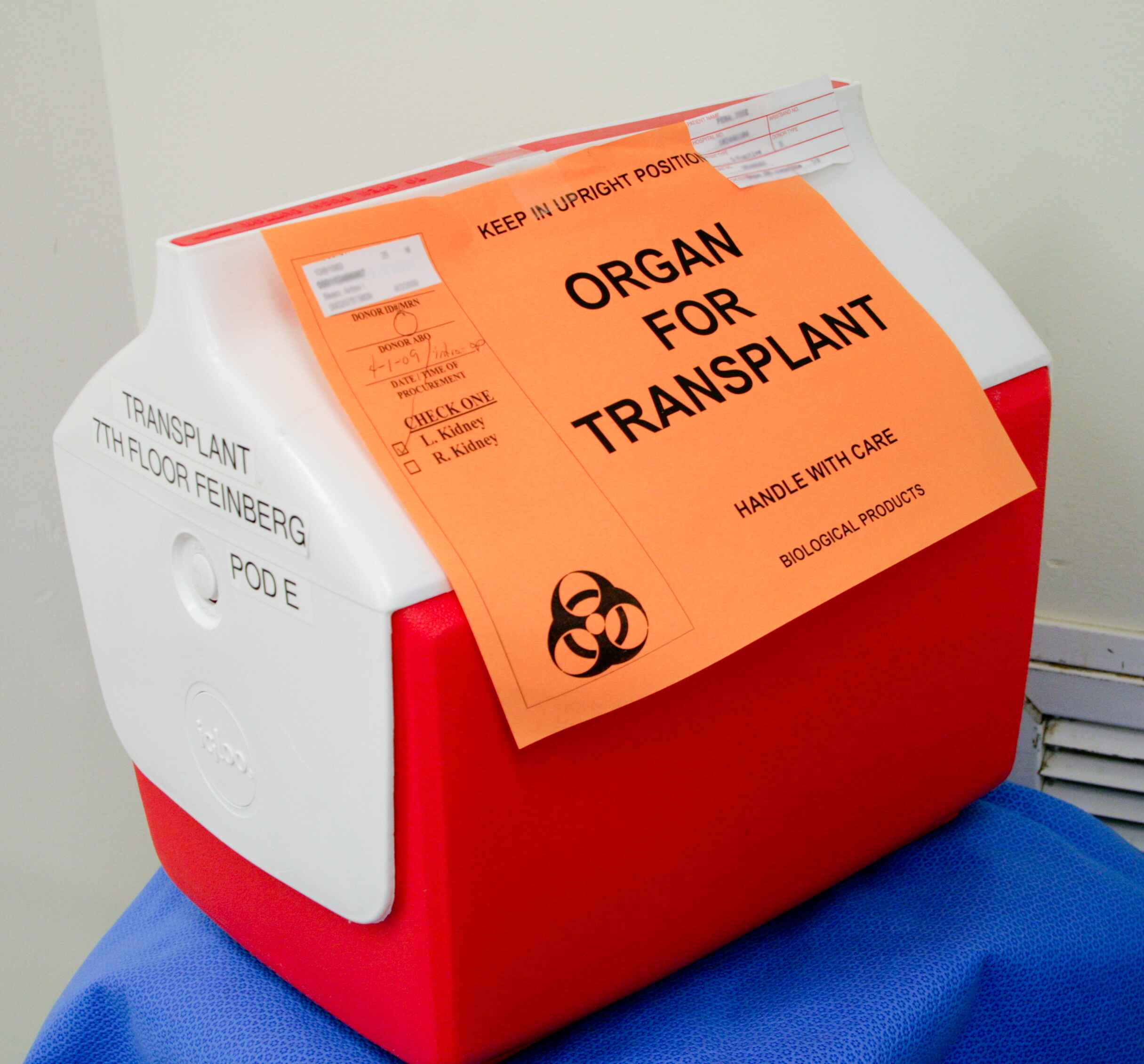 Cooler with orange Organ for Transplant sign