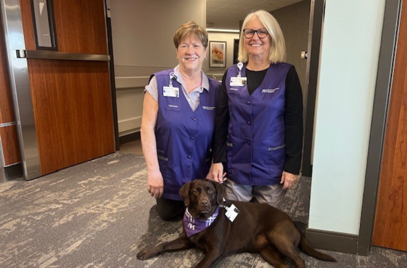 Two female volunteers with a chocolate lab therapy dog.
