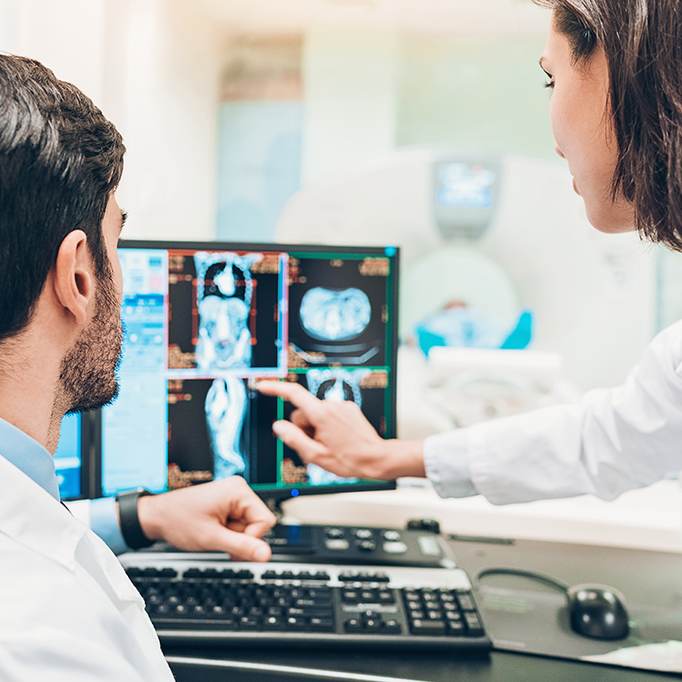 Two people in white coats looking at results from a scan on a computer. 