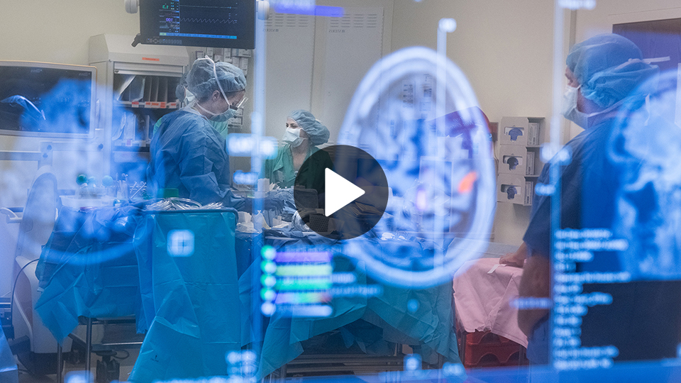 Photos of a brain scan with an operating room in the background.